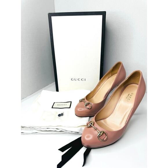 Gucci Malaga Kid Leather Horsebit Pumps Carmine Rose Pink Heels Size EU 37.5 - Picture 2 of 13